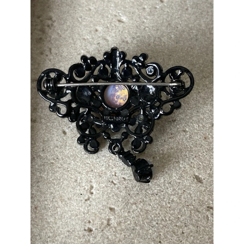 Black Filigree AB Rhinestone‎ Faux Opal Pearl Dangle Brooch Victorian Gothic Pin